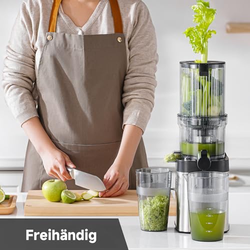 AMZCHEF Entsafter - Slow Juicer mit 113MM Breite und Größere Fütterungsröhre für Ganze Gemüse und Obst - Leicht zu Reinigender Entsafter mit 2 Gläsern - Silbrig – Bild 5