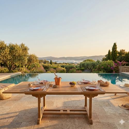 CONCEPT USINE | Table de Jardin KAJANG en Teck Brut | 10 Places | Haute Résistance aux Intempéries | Rallonge Papillon | Bois Responsable | Dimensions...