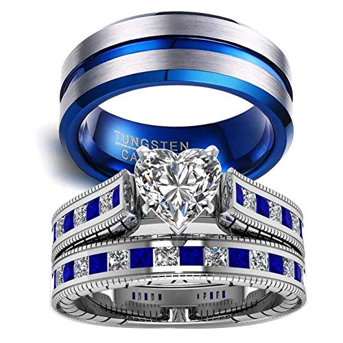 3pc Two Rings His and Hers Couple Rings Bridal Sets His Hers Women White Gold Filled Heart Cz Man Tungsten Carbide Wedding Ring Band Set