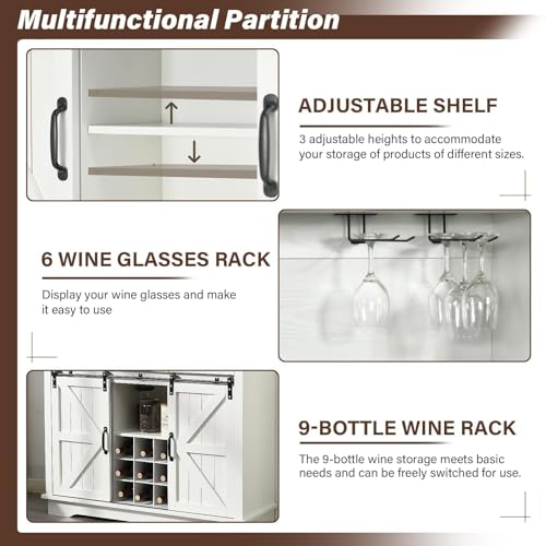 4 EVER WINNER Sliding Barn Door Coffee Bar & Pantry Cabinet, 72” Tall Kitchen Hutch with Wine Rack, White