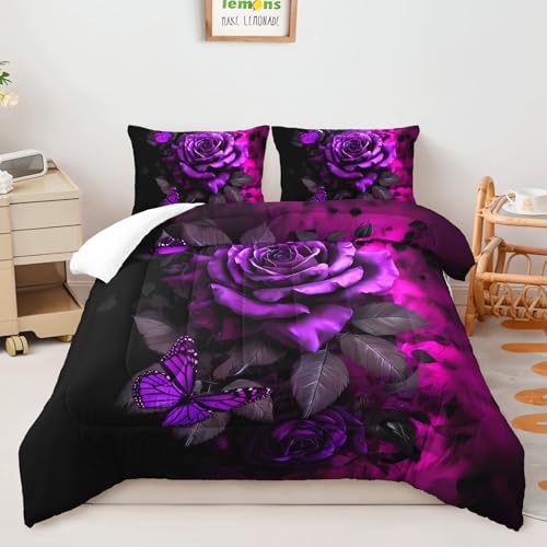 Image of AILONEN Gothic Purple Rose Comforter Queen Size with 2 Pillowcases,Butterfly Floral Bedding Set 3Pcs for Teens Girls Women,Dark Aesthetic Quilt Set for Home Decor