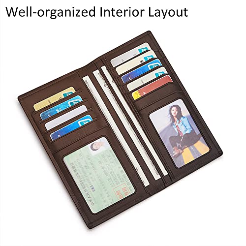 VANNANBA Long Slim Wallet for Men RFID Blocking Leather Checkbook Wallet,Thin Bifold Credit Card Holder with ID Window & Gift Box(Dark Brown)2