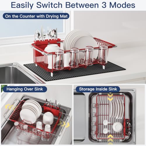 Image of JASIWAY Red Dish Drying Rack in Sink with Mat, Cups and Utensil Holder