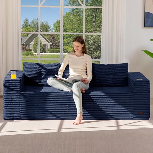 Image of MAXYOYO 79 inch Oversized Boneless Loveseat Sofa Couch for Small Spaces, Mini Love Seat Floor Couch with Cup Holders and Pillows, 3-Seater Upholstered Cloud Couch for Bedroom, No Assembly Required