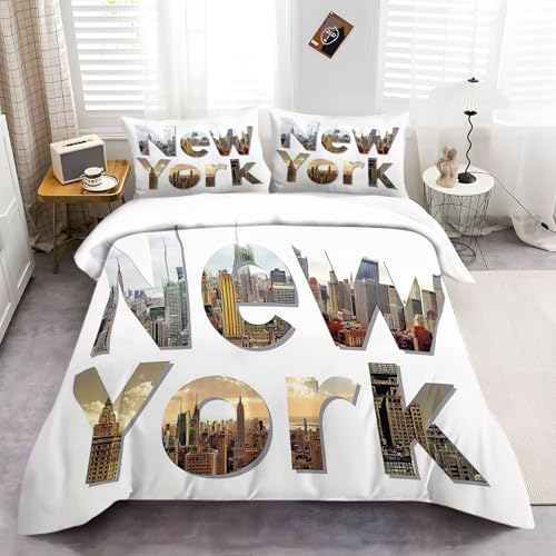 Parure de lit 2 pièces avec Housse de Couette 90x190 cm et 1 taie d'oreiller Motif Paysage De New York Et De Manhattan Style Collage pour 1 Personne, pour Décoration...