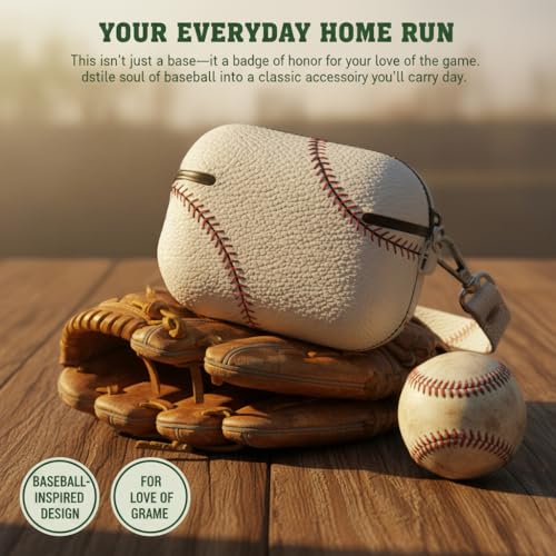 Image of Baseball AirPods Pro 3 Case 2025, Premium PU Leather Protective Cover with Keychain, Cute Hard Shell Earbuds Case, White