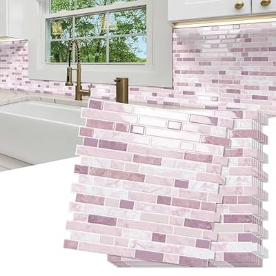 10 Sheet Thick Peel and Stick Kitchen Backsplash Tiles,3D Waterproof Self Adhesive Wall Tile Stick on Backsplash for Kitchen,Bathroom and Fireplace(Pink,12"×12")