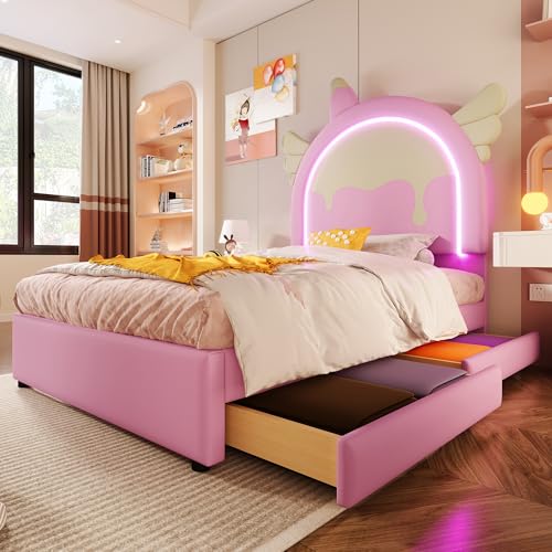 Merax Kinderbett 90x200, Polsterbett für Mädchen Einzelbett mit Einhornform Kopfteil, 16 Farben LED-Streifen, aus PU-Leder Bettrahmen mit Lattenrost und 2 Schubladen (ohne Matratze), Rosa