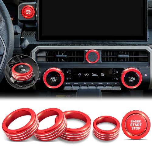 Image of for Toyota Tacoma 2024-2026 & 4Runner 2025-2026, 14-Inch Screen Aluminum Alloy Knob Cover Trim - Fits Push Start, AC, Volume & 4WD Gear Switch (Red, 6-Piece Set)