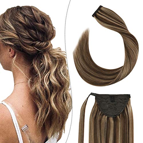 Ugeat Hair Extensions Human Hair Ponytail 18inch Remy Hair Ponytail Extension Dark Brown #4 with Caramel Blonde Ponytail Hair Drawstring Piece 60Gram Real Hair Wrap Around Ponytail