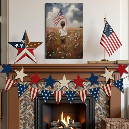Image of Framed Patriotic American Flag Wall Art, USA Canvas Art Pictures, Red White Blue Wall Decor, Made in USA Ready to Hang for Living Room Bedroom Office Man Cave