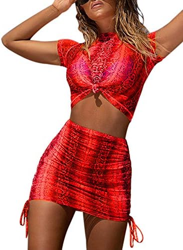 Women Snakeskin Mesh Cover Up Crop Top Lace Up Skirt Set 2 Piece Dress