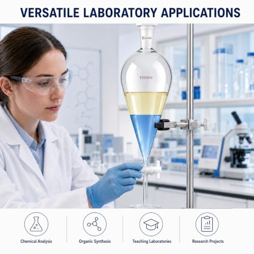 Image of Tellegloww 1000 ml Heavy Wall Conical Separating Funnel Borosilicate Glass | Separatory Funnel, 24 /40 Taper Joint, Ptfe Stopcock, Liquid Extraction, Essential Chemistry Lab Glassware