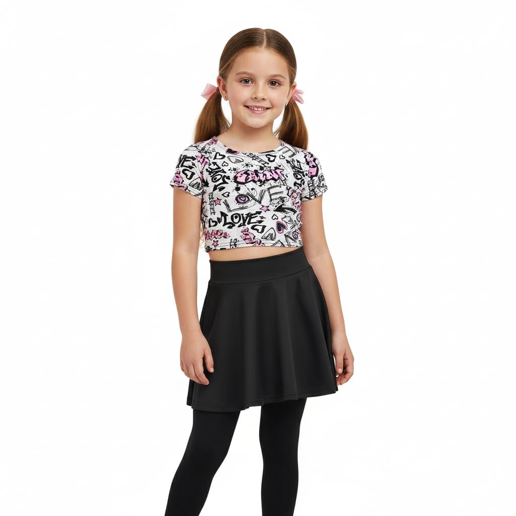 A2Z 4 Kids Girls Love Graffiti Scribble Print Crop Top & Black Skater Skirt Set Age 7-13 Years