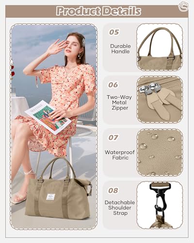 Image of Travel Duffel Bags for Women Mens Waterproof Weekender Carry on Bag Sports Gym Bag Travel Tote Bags with Wet Pocket Overnight Bag Workout Duffel Bags with Trolley Sleeve Khaki