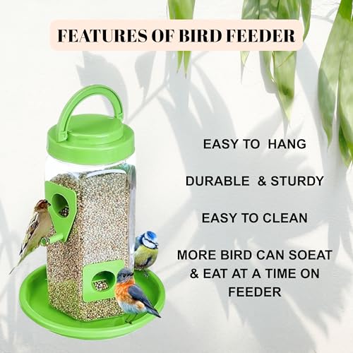 Image of 900g Seed Container Bird Feeder Tower | Hanging for Balcony, Window, Garden | Outdoor Plastic Bird Food Feeder Seed Container for Sparrows, Finches, Budgies (Parrot Green Pack of 02)