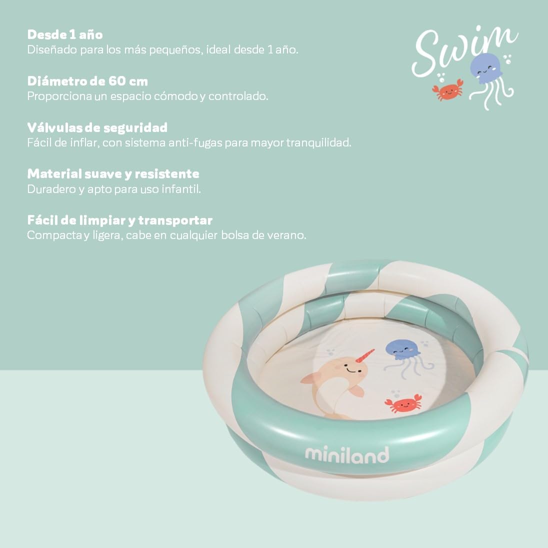 Miniland Piscina Infantil Compacta de 60cm, Ideal para Casa y Juego Sensorial, Bolas Piscina Infantil, Plegable y Segura, Piscina de Bolas para Bebé, Piscinas Desmontables | Swim Collection