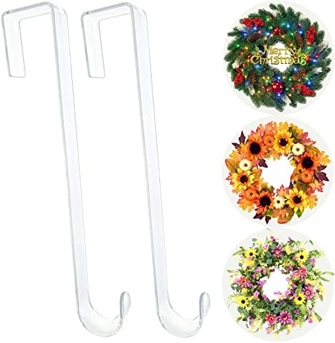 Wreath Hanger,12” Clear Wreath Hooks for Front Door,2 Pack Over the Door Easter Christmas Decoration Hangers Fall Halloween Wreaths holder,Non Scratch Wreath Hangers for Front Door Décor Welcome Sign