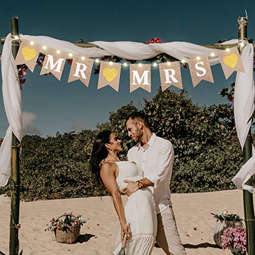 Banner de Arpillera de Mr and Mrs, Banderínes de Boda con Cadena...