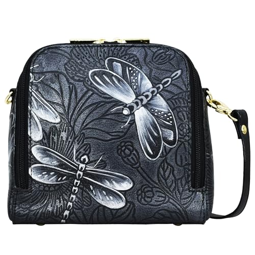 Anuschka Handtasche, Organiser Tasche aus handbemaltem Leder mit Reißverschluss und Punzierung - Tooled Dragonfly Meadow