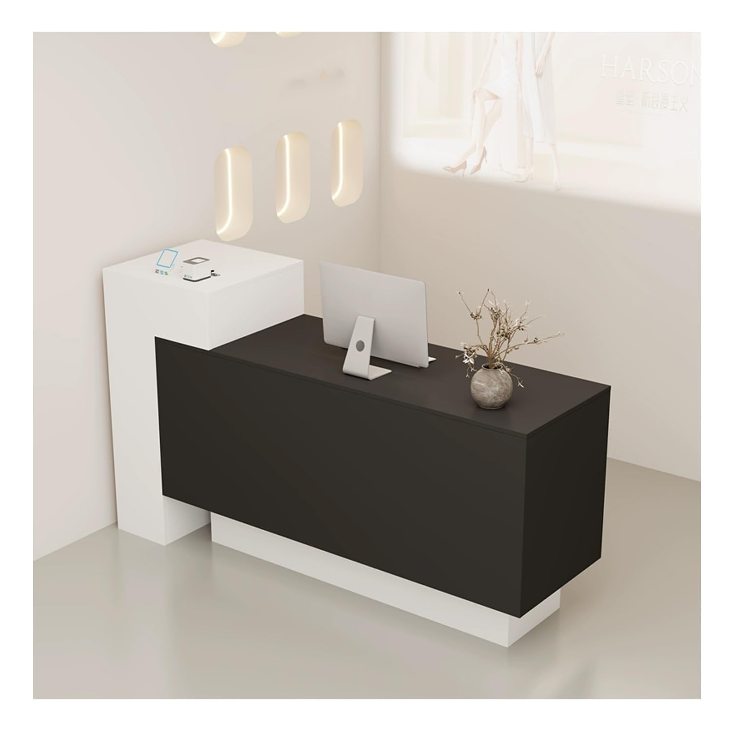 Scrivania da reception in legno, con cassetto chiudibile a chiave, tavolo da ufficio per casa e ufficio, 150 cm, elegante soluzione di archiviazione per reception e soggiorno