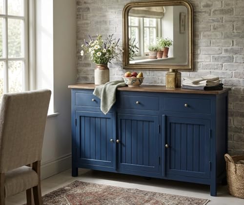 Image of Solid Wood Madrid 3 Drawer Sideboard | Sideboard Cabinet for Living Room | Finish- Premium Acrylic Midnight Blue and Tubaq