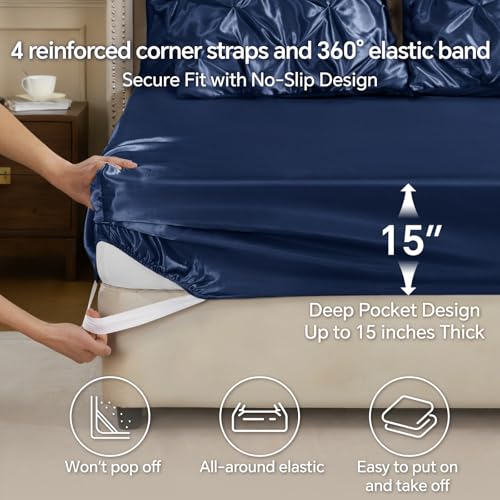 Image of BEDELITE Satin Comforter Set King Size, 7 Pieces Pintuck Bed in A Bag with Comforter, Flat Sheet, Fitted Sheet, Pillowcases, Shams, Soft Cozy Similar to Silk Bed Set for All Seasons (Navy)