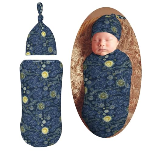Image of Muishi Star and Night Newborn Swaddle Blankets Hat Sets Soft Baby Receiving Blanket Swaddle Sack for Baby Shower Infant Boy Girl Gift