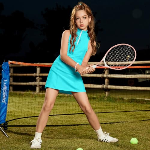 Image of Perfashion Girls Tennis Dress 1 /4 Zip Golf Outfit Built-in Bra & Shorts Pickleball Athletic Dress Workout Pockets 4-13Y