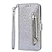 Produktbild Lijc Kompatibel mit Samsung Galaxy S10 Plus Hülle Glitter Reißverschluss PU Leder Portemonnaie mit Standfunktion und Kartenfach Magnetverschluss Stoßfester Flip-Silber