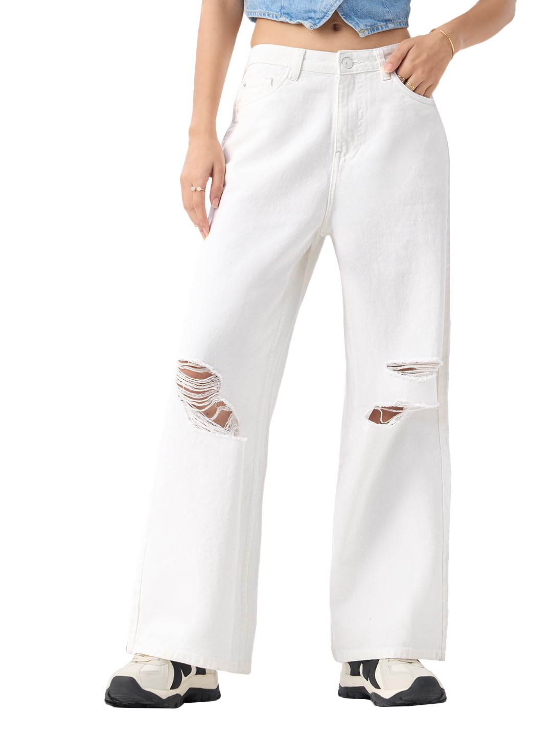 The Souled Store Wide-Leg Denim: Pearl White Women Girls Buttoned Waistband Solid Distressed Cotton Denim Wide Leg Lightweight Comfortable All-Season Jeans in white