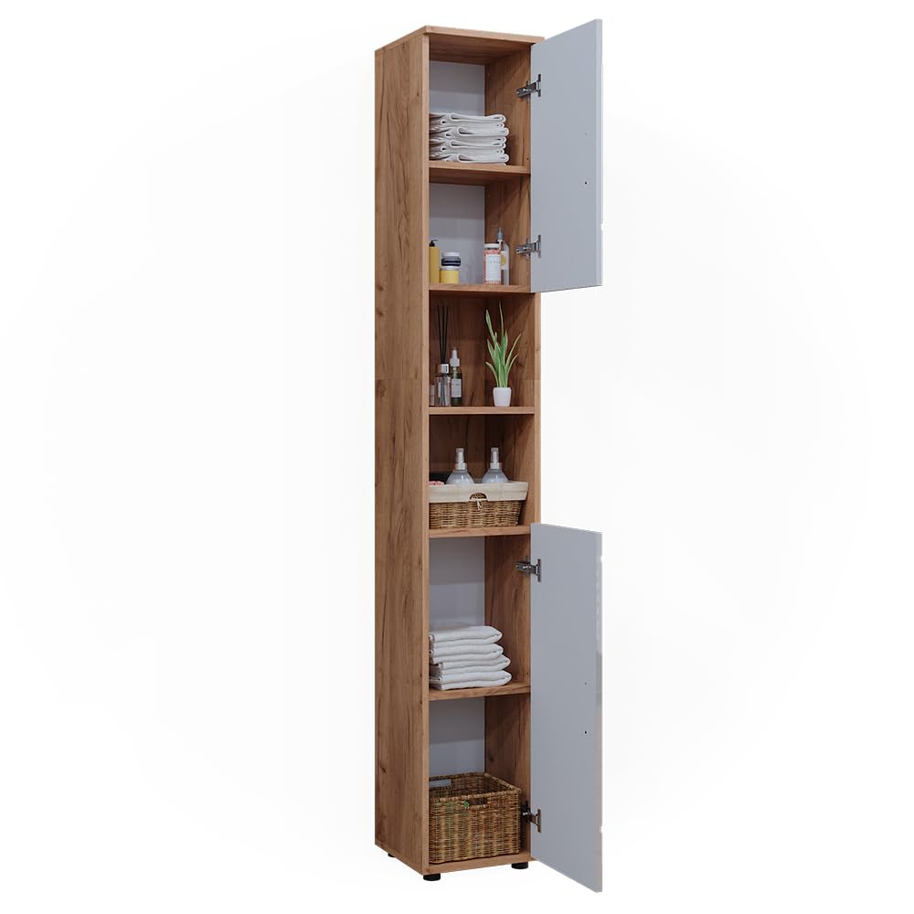 Vicco Badschrank Irma, Weiß Hochglanz/Goldkraft Eiche, 30 x 192 cm mit Türen, und offenen Fächern, zur Aufbewahrung von Badutensilien und kompatibel mit Irma-Serie