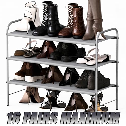 Image of Simple Houseware 3-Tier Shoe Rack Storage Organizer, Grey - Space-Saving Shoe Shelf, Holds 9-16 Pairs, Sturdy Metal Frame, Easy Assembly - Closet, Entryway, Bedroom Shoe Storage Solution