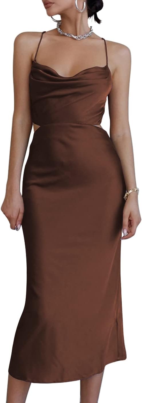 Vestido midi feminino com alças de cetim e gola drapeada