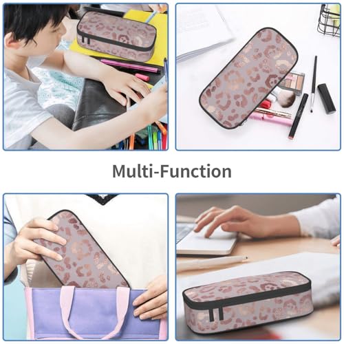 Image of Leopard Print Rose Gold Pencil Case Big Capacity Storage Pencil Pouch Stationery Bags With Zipper Portable Pen Holder Box Organizer For Boys Student College School Office Supplies