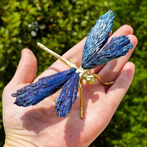 RJINGSHI Dragonfly Statue Natural Electroplated Blue Tourmaline Dragonfly Decor Collection Natural Home Decor Healing Crystals Dragonfly Gift for Women 4.33