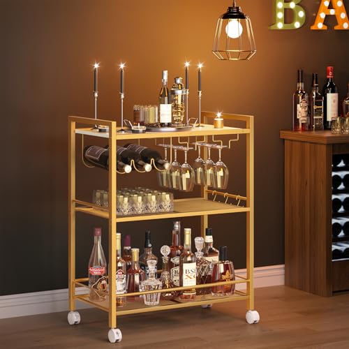 Image of Joaxswe Bar Cart,3-Tier Home Bar Serving Cart with Lockable Wheels,Gold | Microwave Cart,Mobile Kitchen Shelf,Rolling Beverage Cart with Wine Rack and Glass Holder for Kitchen,Dinning Room