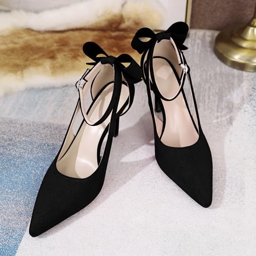 Joseywade Bow Heels Stiletto High Heels Bowtie Bowknot Heels D'Orsay Cutout Pumps Pointed Toe Women Ankle Strap Dress Shoes 3.5 Inch4