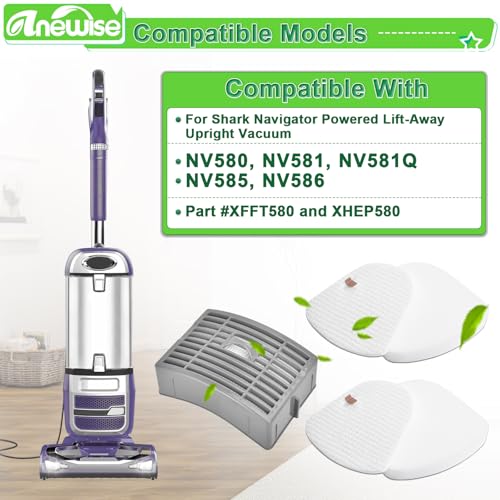 Image of Anewise 1+2 Filter Replacement for Shark Navigator NV586 NV581 NV581Q NV580 NV585 Powered Lift-Away DLX Upright Vacuum, 1 HEPA and 2 Foam Felt Filters, Part # XFFT580 & XHEP580