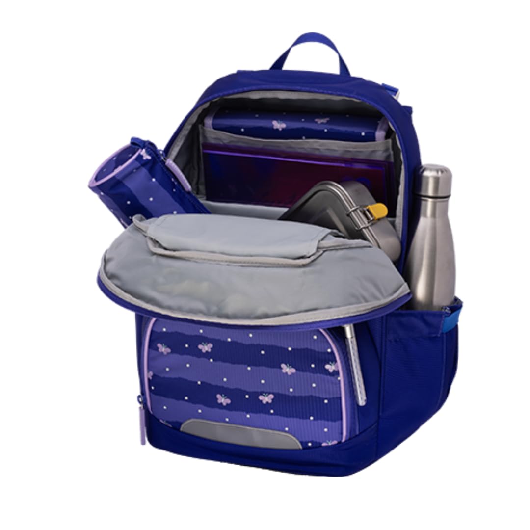 Schneiders Ergojet Schultasche Set Blissy Butterfly (6-teilig) – Mädchen-Schulranzen mit Schmetterling-Motiv, wandelbar zum Schulrucksack, LED-Licht, ergonomisch & nachhaltig, 21L, Blau/Lila