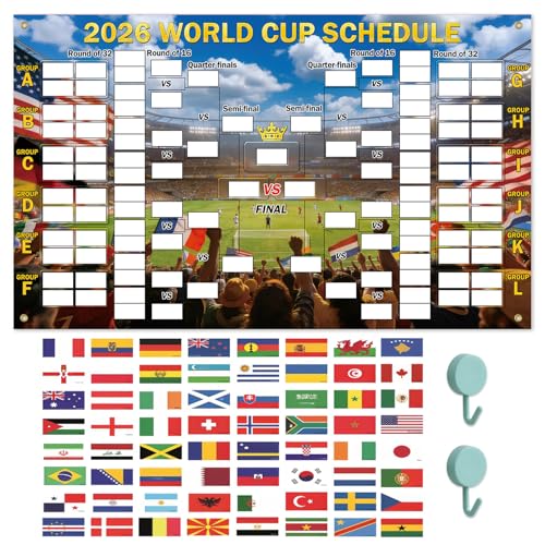 HAXOILO World Cup Wall Chart 2026, DIY Predict Schedule Poster, 27x40 Inch World Cup Football Posters 2026 with Reusable National Flags Sticker Soccer Fans Party Banner (F04-01)