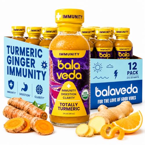 Image of balaveda Totally Turmeric Organic Ginger Shot with Lemon, 2oz 12 Pack | Turmeric, Ginger, Lemon + Astragalus, Antioxidant-Rich Ingredients, USDA Organic, 2oz Glass Bottles