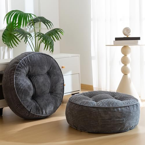 Image of HIGOGOGO 8" Extra Thick Floor Pillow Cushion for Adults, Meditation Cushion Pillow, Large Round Floor Sitting, Tufted Corduroy Cover, for Tatami Living Room or Yoga, 22x22 Inch, 2Pack, Dark Grey