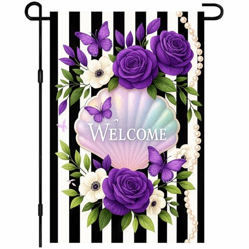 IVN Welcome Spring Floral Seashell Design Purple Roses Black And White Stripes 12x18 Inch Double Sided Outdoor Yard Decor For Farmhouse Patio Lawn Home Spring Garden Flag Floral Garden Flag