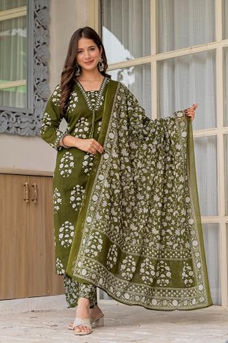 Image of PARTHVI Women's Pure Cotton Printed Straight Kurta Set with Palazzo Pants & Dupatta- Ethnic Wear, Green