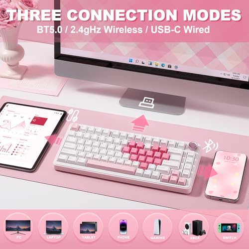 Image of YUNZII B75 PRO Wireless Mechanical Keyboard,75% Layout with Knob,Hot Swap Gasket Structure,Creamy Pre-lubed Switches,RGB Backlit,Bluetooth /Type-C /2.4G for Win /Mac (White, Milk Switch)