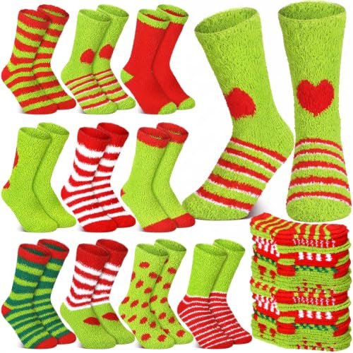 Image of 10 Pairs Christmas Fuzzy Socks Bulk Winter Fluffy Unisex Women Men Crew Slipper Sock Stocking Xmas Adult Gifts
