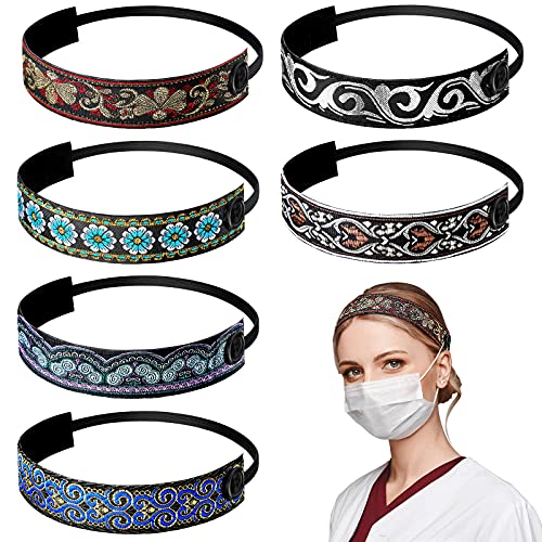 6 Pieces Bohemian Headbands with Buttons, Boho Non-Slip Elastic Buttons Yoga Sports Headbands Bohemian Yoga Hairband for Sports Exercises (Retro Series)