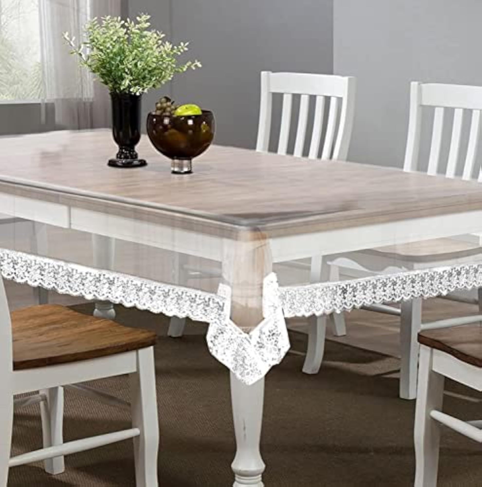 Transparent Dining Table Cover with White Lace Border, Waterproof