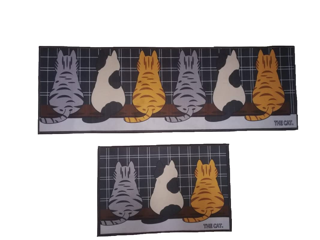 Rectangle Cartoon Lovely Cats Kitty Pattern Mat Rug for Stairway Toilet Floor Bedroom Living Room Bathroom Kitchen Home Decoration.Set of 2(47 X 16, 24 X 16 Inchis)